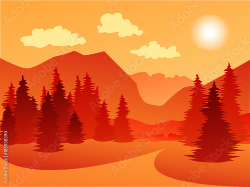 Vector orange background Nature landsacape Mountain and Spruce forest - parallax effect - for card, background, banner, website photo