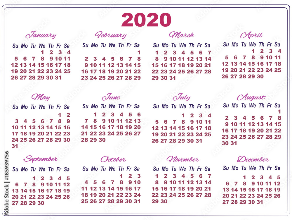 2020 calendar with big numbers Stock Vector | Adobe Stock