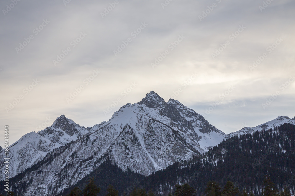 Зима в горах, красивый вид на снежные склоны и вершины, живописное ущелье. Дикая природа Северного Кавказа