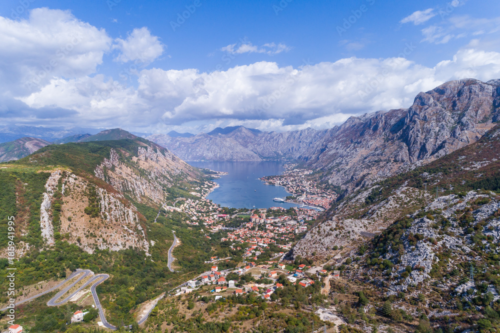 Aerial view on the Bay of Kotor and the city of Kotor. Montenegro.