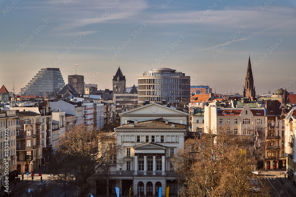 Panorama of the center of Poznan„ with the towers of the royal castle and church belfries.