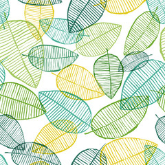 Handdoek met foto Scandinavische stijl patronen Vector seamless outline leaves pattern. Green and white spring background. Scandinavian design for fashion textile print  © Alina Kryshtal