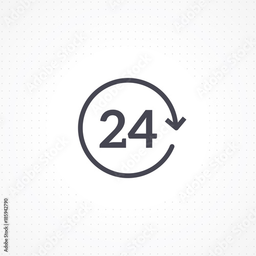 24 hours vector icon. Flat line design open 24 hours. Non stop working shop or service. Outline clock symbol. Twenty four hours icon. Full rotation