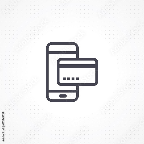 Mobile payment icon. Vector flat line illustration. The purchase of a mobile phone icon. Mobile phone with credit card icon