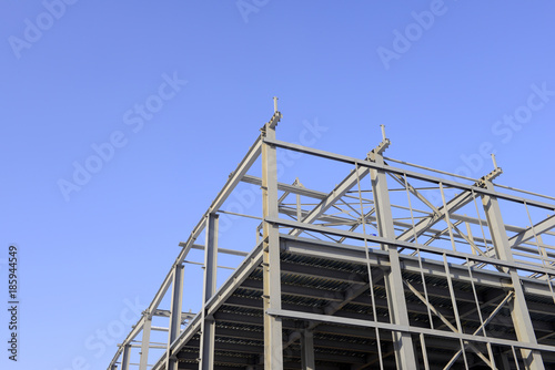 Is the construction of the steel structure factory building under the blue sky