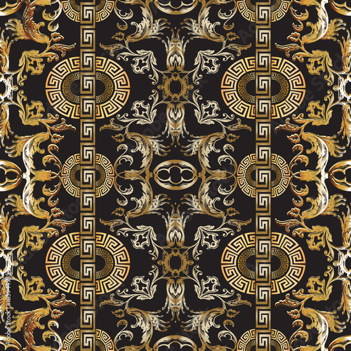 Baroque seamless pattern. Vector damask background. Baroque wallpaper design. Vintage gold silver 3d flowers, scroll leaves, vertical circle meanders and greek key ornaments. Ornate beautiful texture