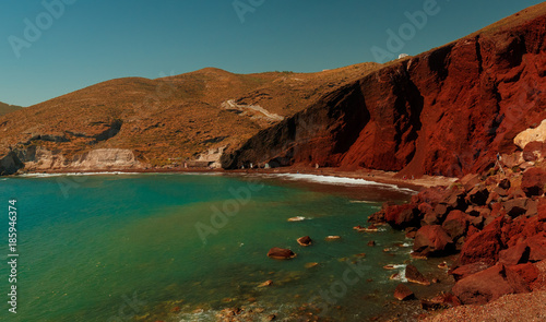 Wide angle shot of the red beach in Santorini, Greece
