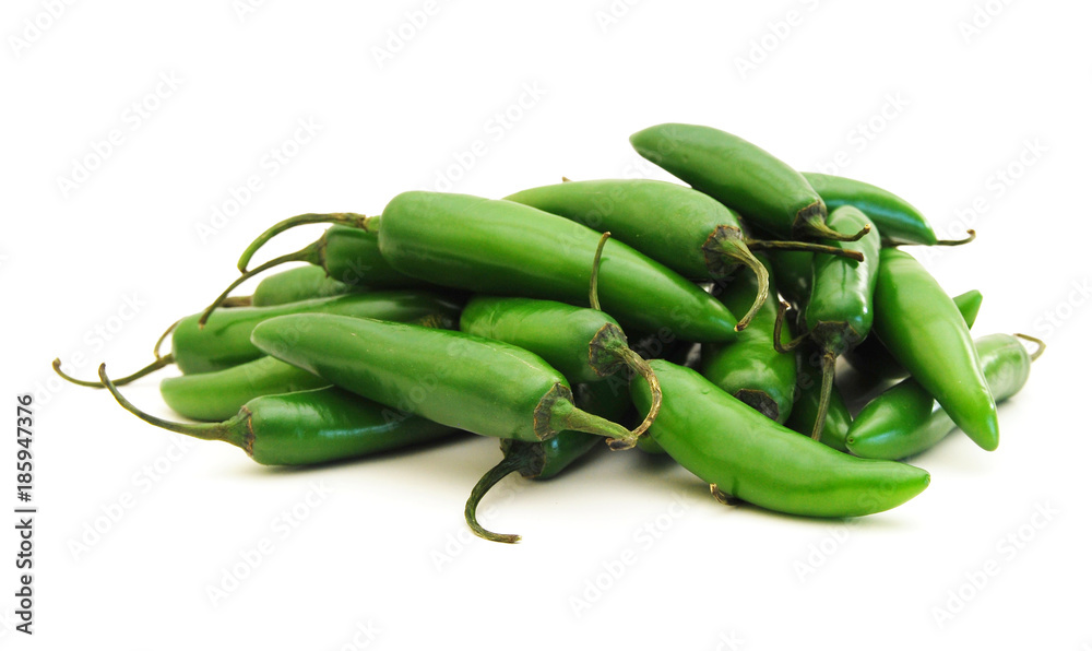 Hot green pepper on white background, close up Hot green pepper on white background, close up