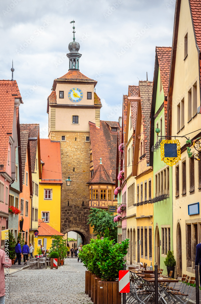 Naklejka premium Beautiful streets in Rothenburg ob der Tauber with traditional German houses, Bavaria, Germany