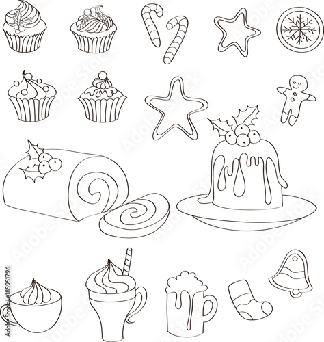 Set of hand drawn Christmas sweets, cakes and drinks
