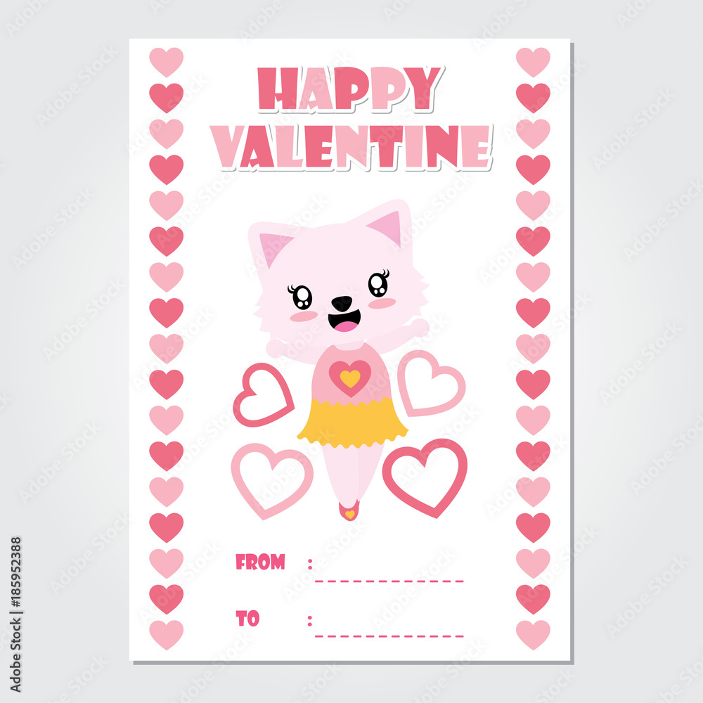 Cute cat girl is happy with heart border vector cartoon illustration for Happy Valentine card design, postcard, and wallpaper