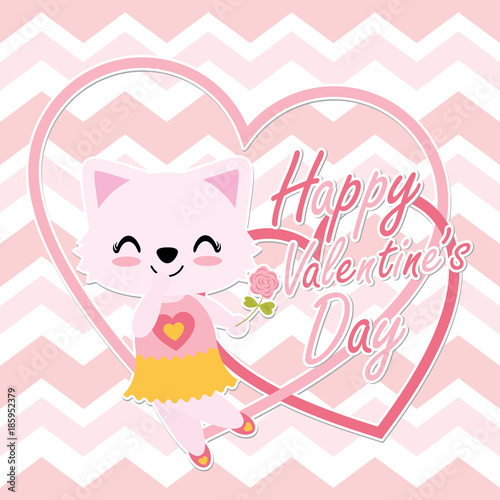 Cute cat girl brings pink rose on love frame vector cartoon illustration for Happy Valentine card design, postcard, and wallpaper