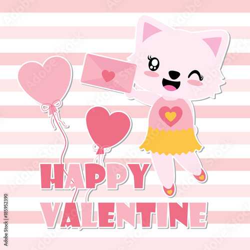 Cute cat girl gets love letter vector cartoon illustration for Happy Valentine card design, postcard, and wallpaper