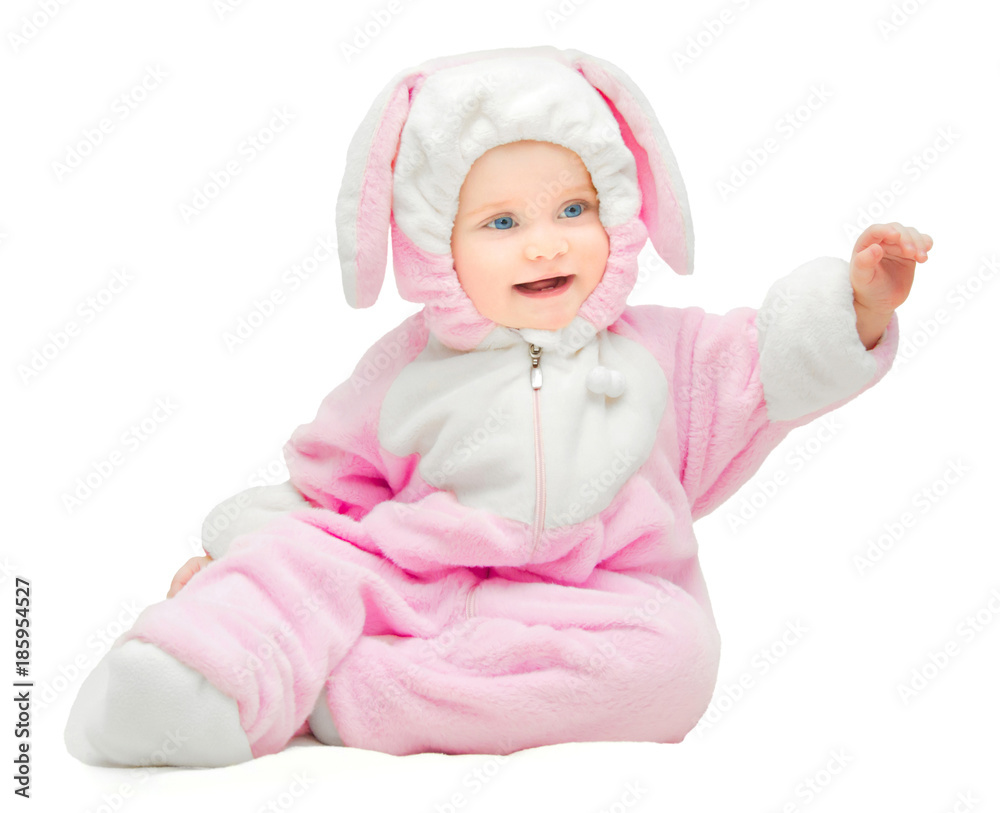 happy little girl in a pink rabbit costume happy little girl in a pink rabbit costume