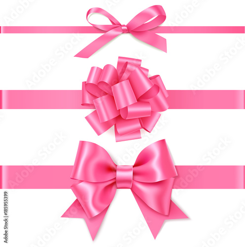 Set of decorative pink bow with horizontal pink ribbon for gift decor. Realistic vector bow and ribbon isolated on white