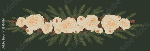 Floral element. Winter fir branch with buds of peonies, collected in one line. Christmas ornament bouquet. Vector