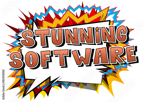 Stunning Software - Comic book style word on abstract background.