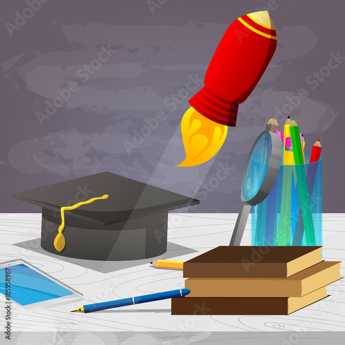 School books, pen, pencils, graduation cap, magnifying glass, flying rocket and empty blackboard on the background, education concept. Vector cartoon style illustration.