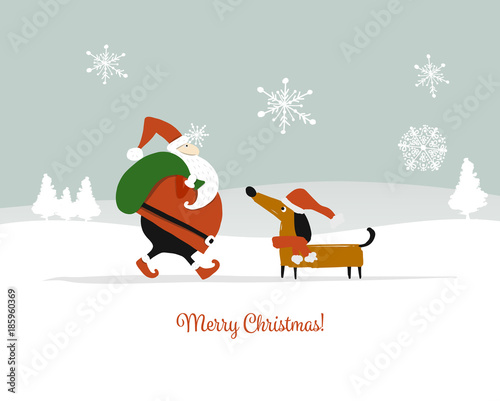 Santa Claus with dog, symbol of 2018. Christmas card