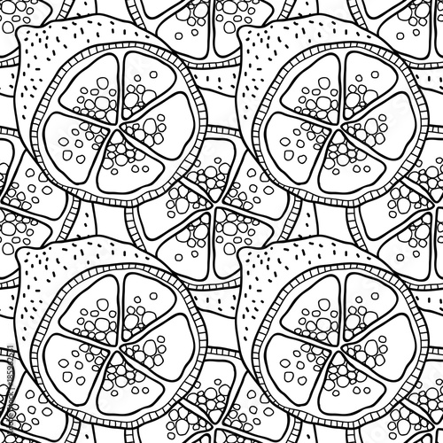 Slices of lemons. Seamless pattern with hand drawn fruits. Black and white illustration for coloring book.