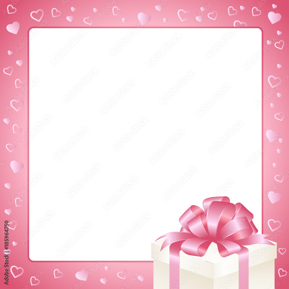 Invitation, Greeting or Gift card. Pink frame with hearts  and  gift box.  Template with  place for text.