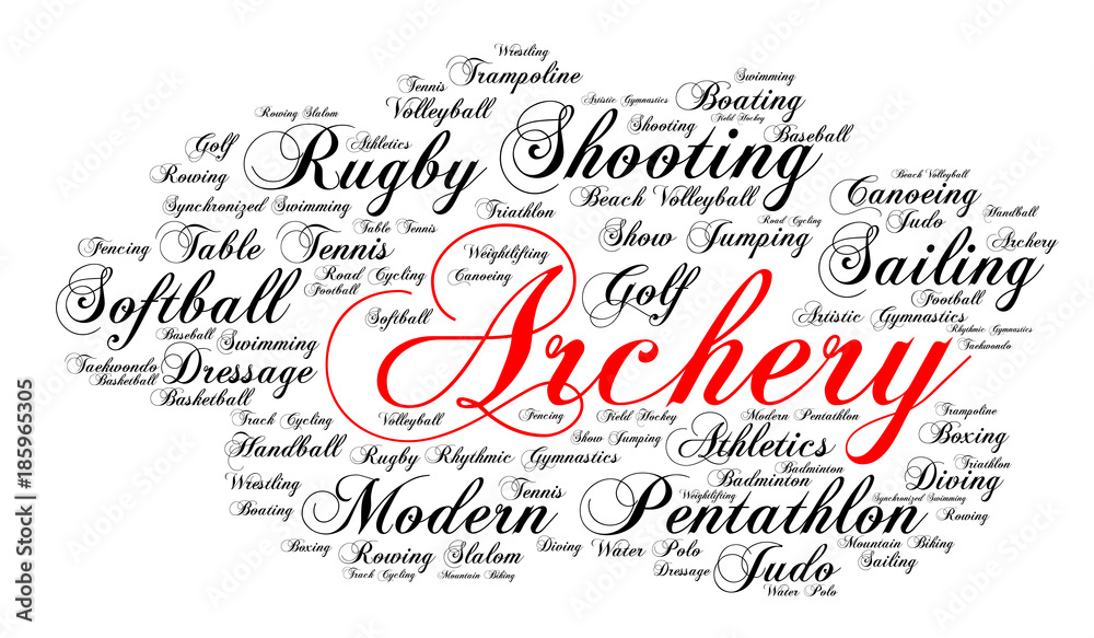 Archery. Word cloud , elegant cursive font, white background. Summer