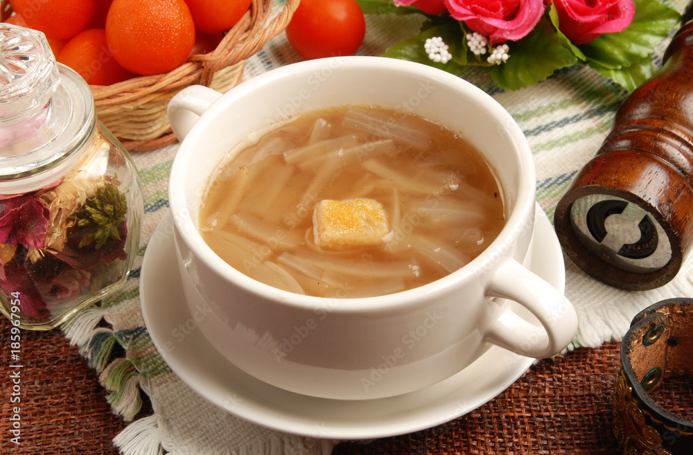 Onion Soup in a white bowl   