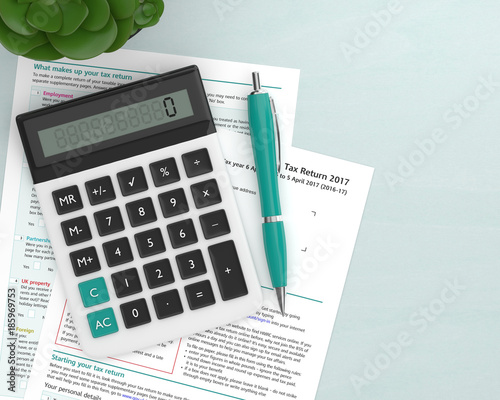 3d render of UK tax form with calculator photo