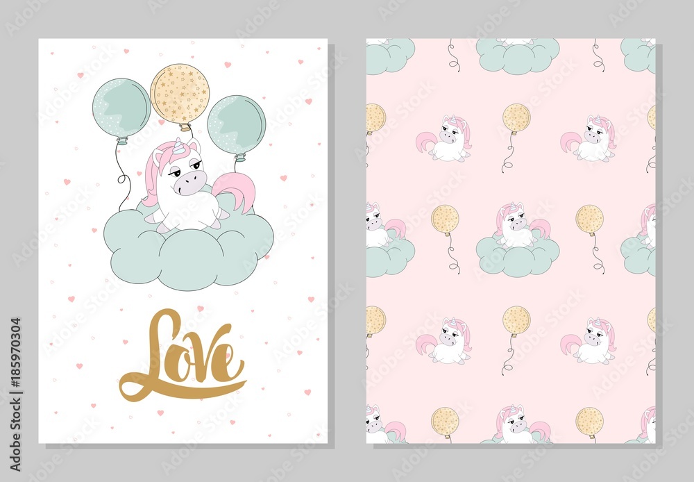 Set of Romantic greeting card Valentines Day with a cute unicorn. Elements and text. Vector illustration. Set of Romantic greeting card Valentines Day with a cute unicorn. Elements and text. Vector illustration.