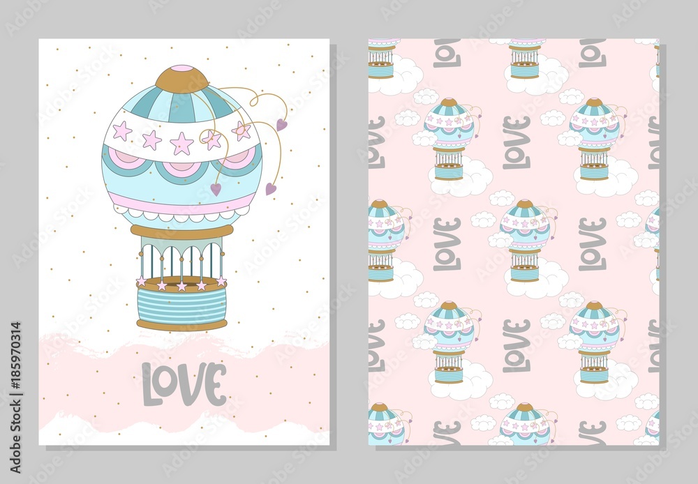 Fototapeta premium Set of romantic greeting cards happy Valentine's day. Balloons, and decals. Vector illustration.