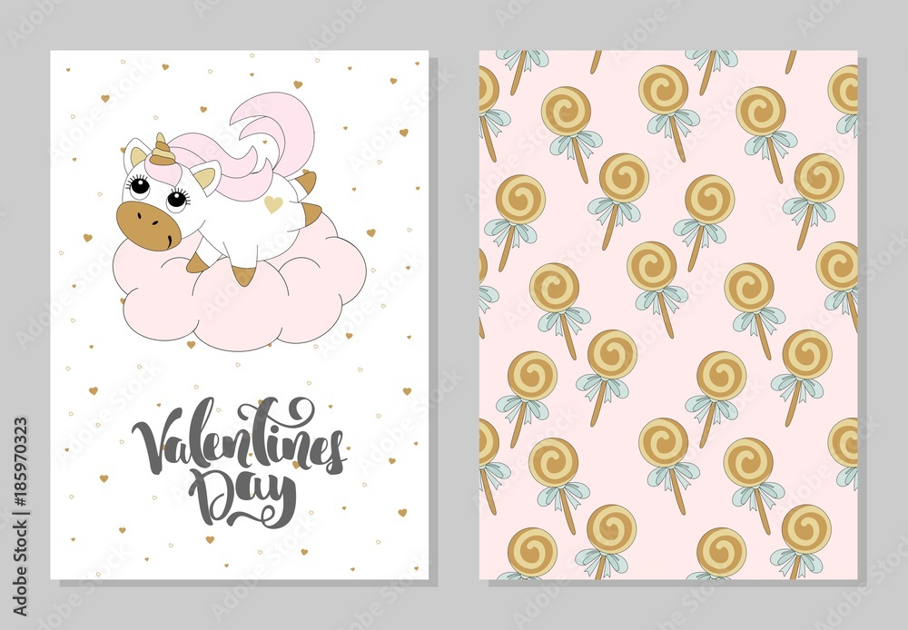 Set of Romantic greeting card Valentines Day with a cute unicorn. Elements and text. Vector illustration.