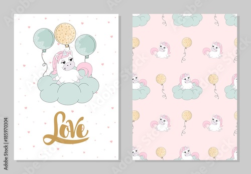 Set of Romantic greeting card Valentines Day with a cute unicorn. Elements and text. Vector illustration.
