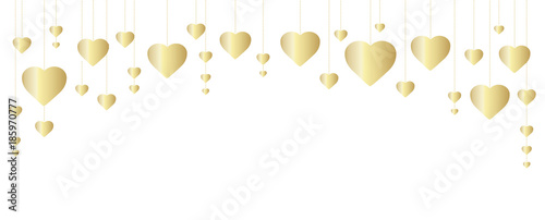 Golden hearts frame, border. Great for decoration of Valentine and Mothers day cards, wedding invitations, party posters and flyers, website and social media headers.