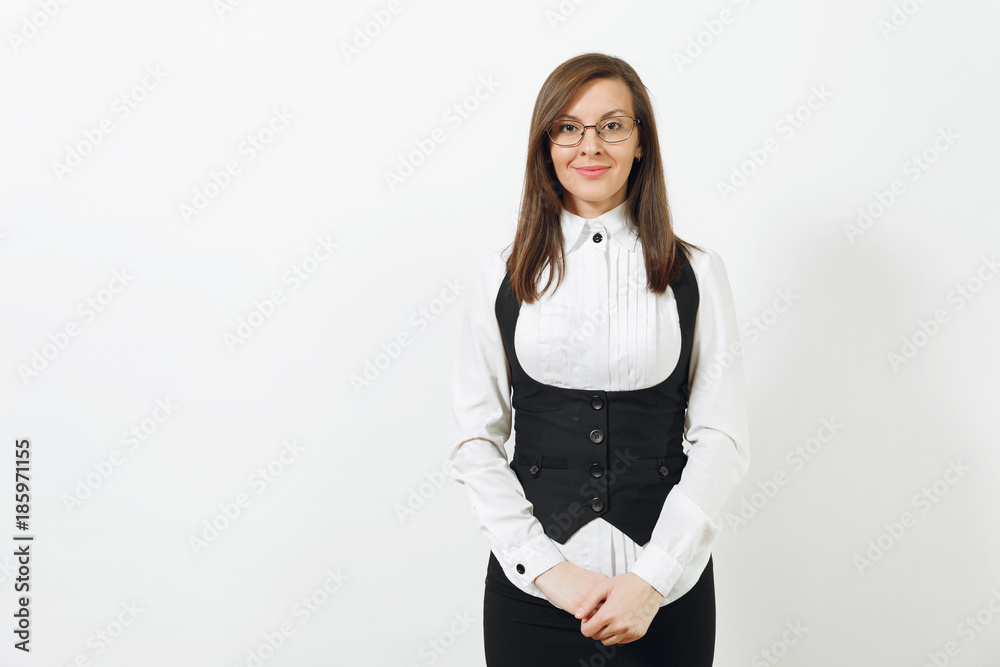 Beautiful happy caucasian young smiling brown-hair business woman in black suit, white shirt and glasses looking camera isolated on white background. Manager or worker. Copy space for advertisement. Beautiful happy caucasian young smiling brown-hair business woman in black suit, white shirt and glasses looking camera isolated on white background. Manager or worker. Copy space for advertisement.