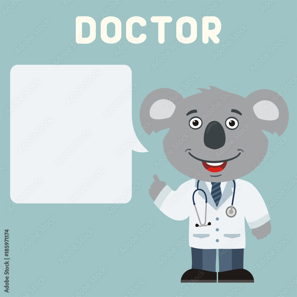 Fototapeta premium Doctor koala with bubble speech in cartoon style. Smiling doctor koala says important information about health.