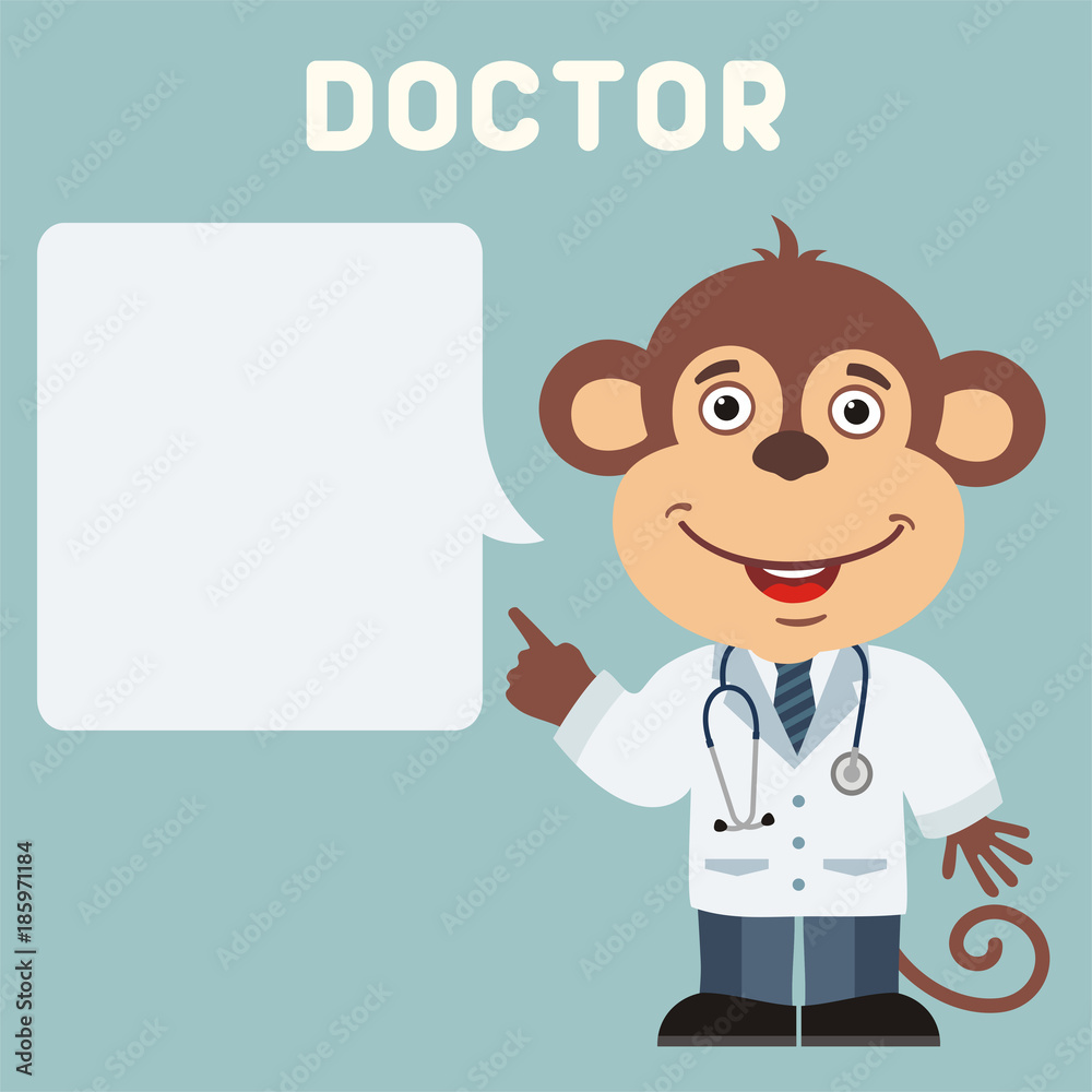 Doctor monkey with bubble speech in cartoon style. Smiling doctor monkey says important information about health. Doctor monkey with bubble speech in cartoon style. Smiling doctor monkey says important information about health.
