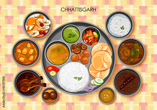 Traditional Chhattisgarhi cuisine and food meal thali of Chhattisgarh India
