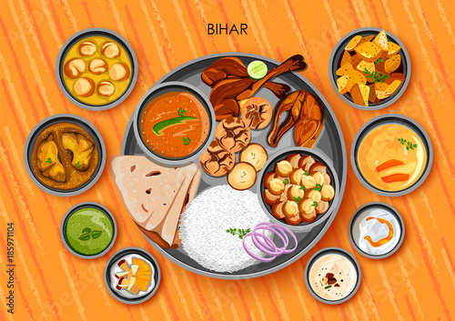 Traditional Bihari cuisine and food meal thali of Bihar India