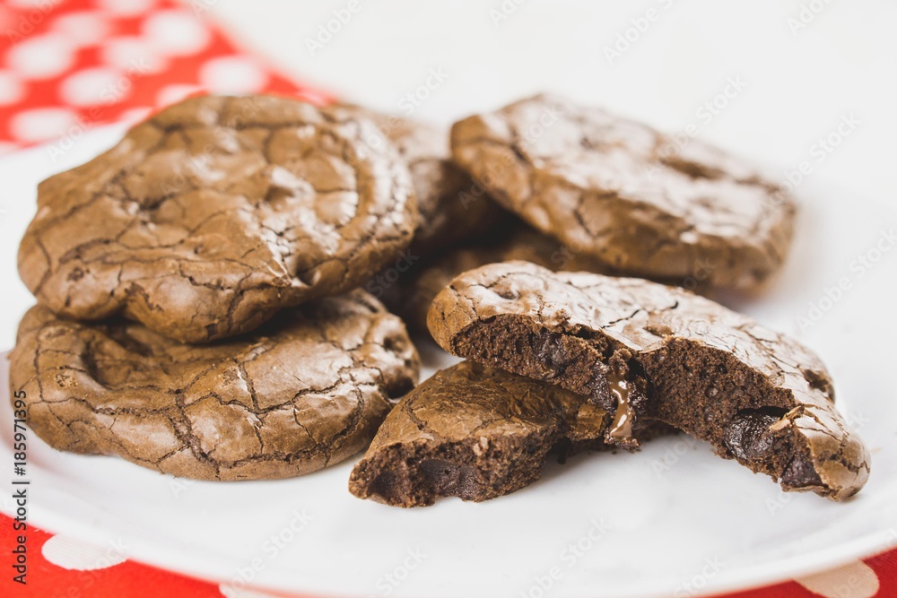 Group of Delicious Dark Chocolate Brownie Cookies on White Plate