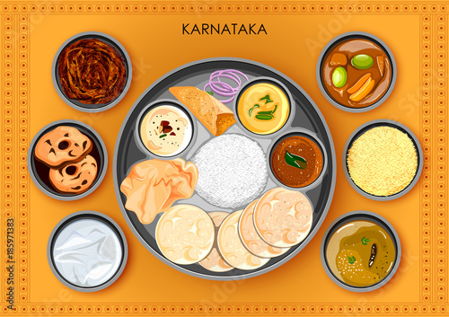 Traditional Karnatakan cuisine and food meal thali of Karnataka India