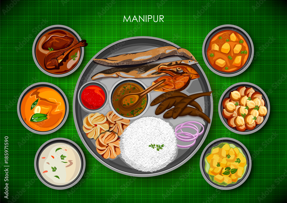 Traditional Manipuri cuisine and food meal thali of Manipur India Stock