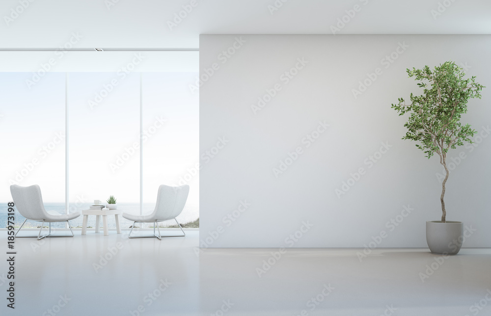 Illustrazione Stock Indoor plant on white floor with empty concrete wall  background, Lounge and coffee table near glass window in sea view living  room of modern luxury beach house or hotel -