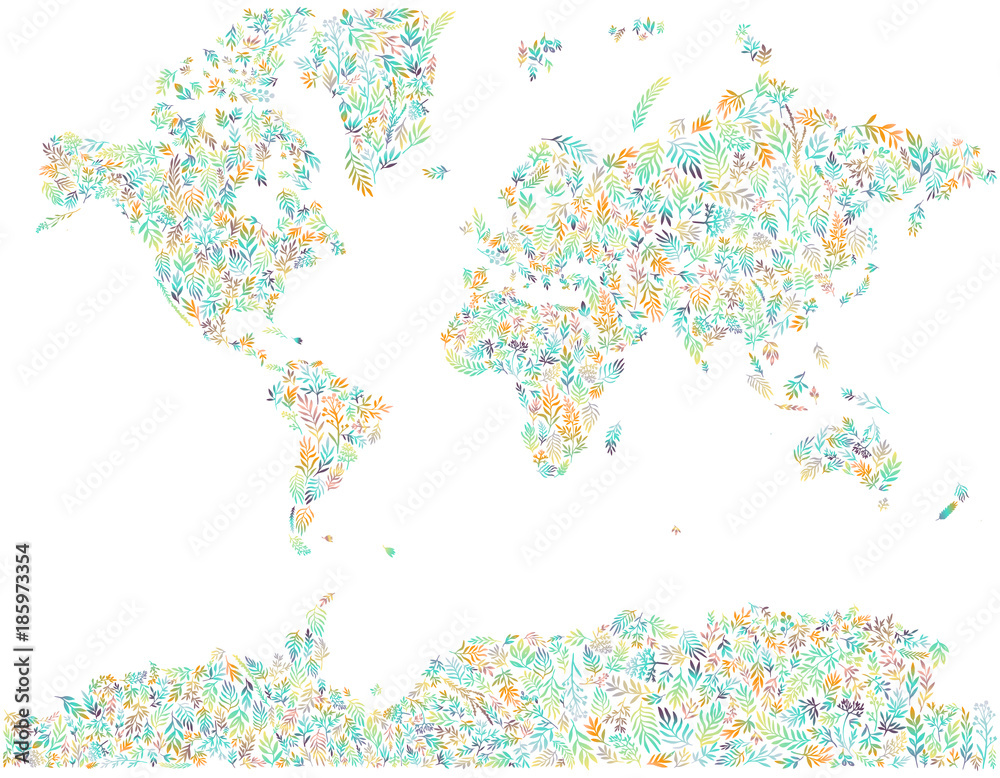 Fototapeta premium map of world covered by plants and leaves
