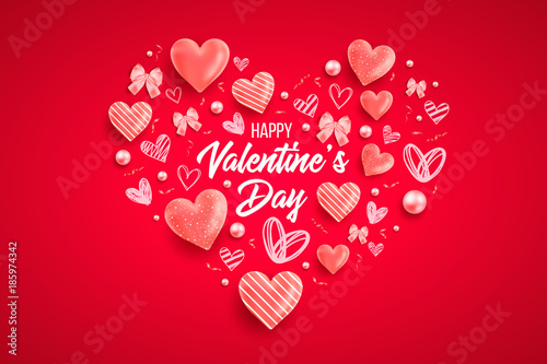 Saint valentine day background with colorful hearts with frame. Happy valentines day and weeding design elements. Vector illustration. Pink Background With hearts. Doodles and curls. Be my valentine.
