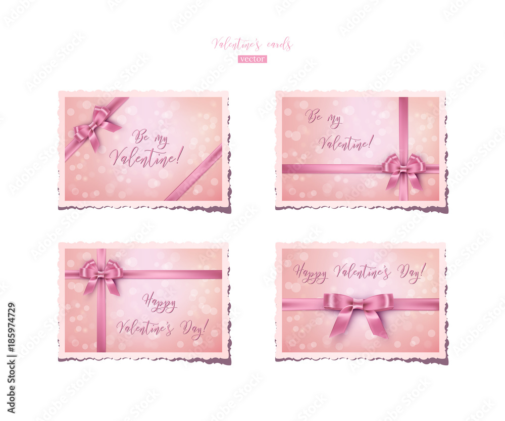 Valentine vintage set. Vector retro pink Valentine's cards with pink bows and ribbons.