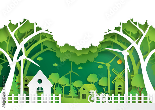 Green eco city and urban landscape of environment conservation concept.Nature green background paper art style.Vector illustration.