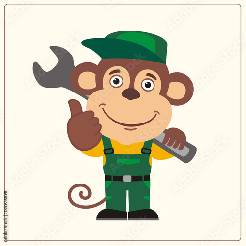 Funny monkey in wearing overalls with the large wrench on her shoulder. Mechanic monkey in cartoon style shows "like".