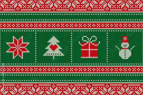 Christmas Seamless Knit Pattern with Holiday Symbols: Snowman, Snowflake, Present Box and Christmas Tree. Scheme for Wool Knitted Sweater Pattern Design or Cross Stitch Embroidery
