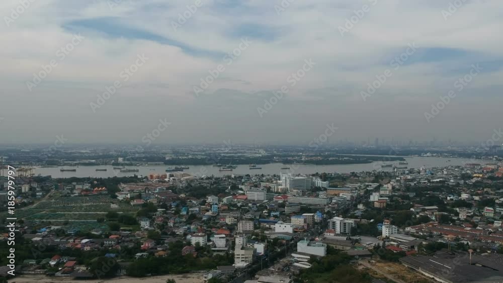 Aerial panorama view of skyline city and cargo boat at Paknam gulf of Thailand Aerial panorama view of skyline city and cargo boat at Paknam gulf of Thailand