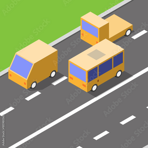 Cars are driving on the asphalt road, isometric style, traffic concept, vector